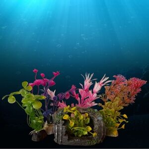 Aquarium Decoration Set Including 6 Soft Plastic Plants And A little Barrel Cave
